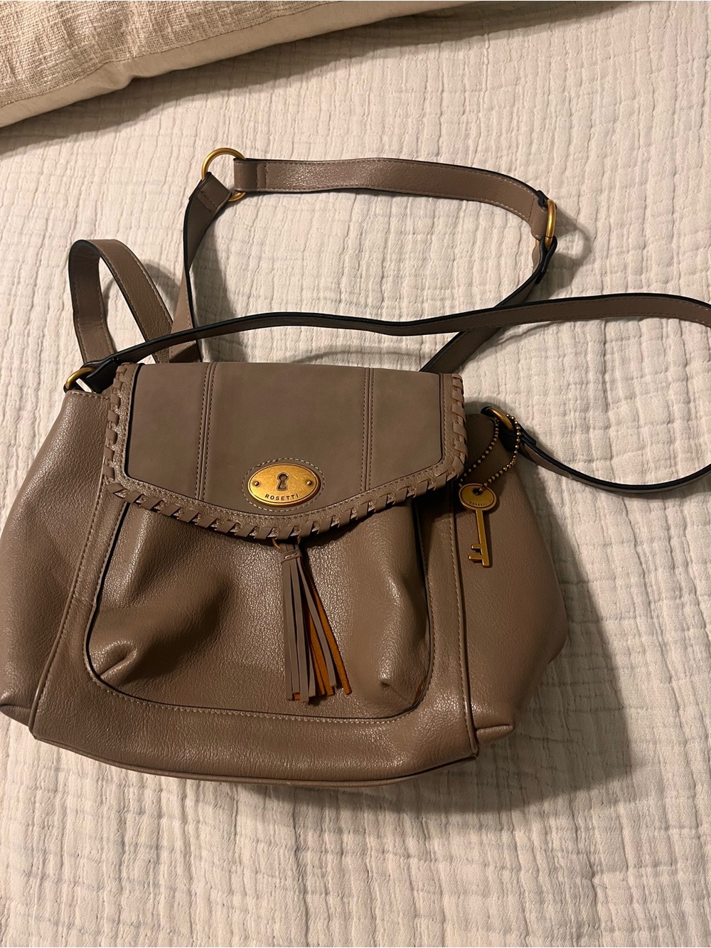 Rosetti Taupe fauxLeather Backpack / shoulder bag with Tassel & Key Charm